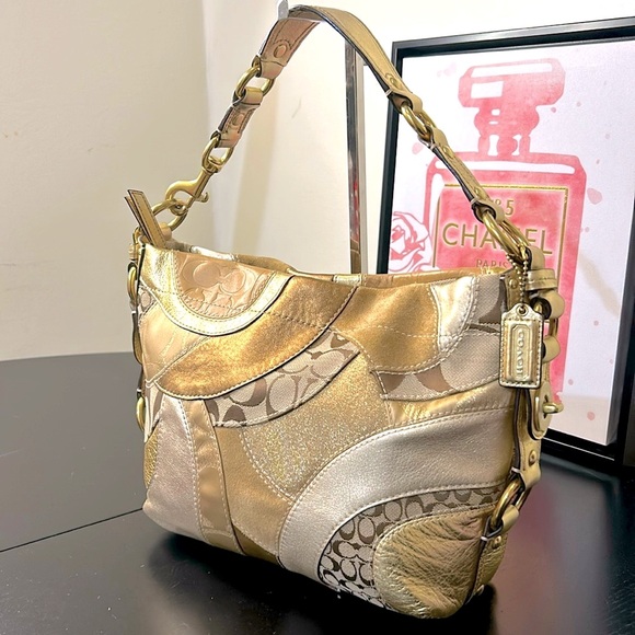 Coach Carly Patchwork Gold Shoulder Bag EUC - Picture 1 of 14